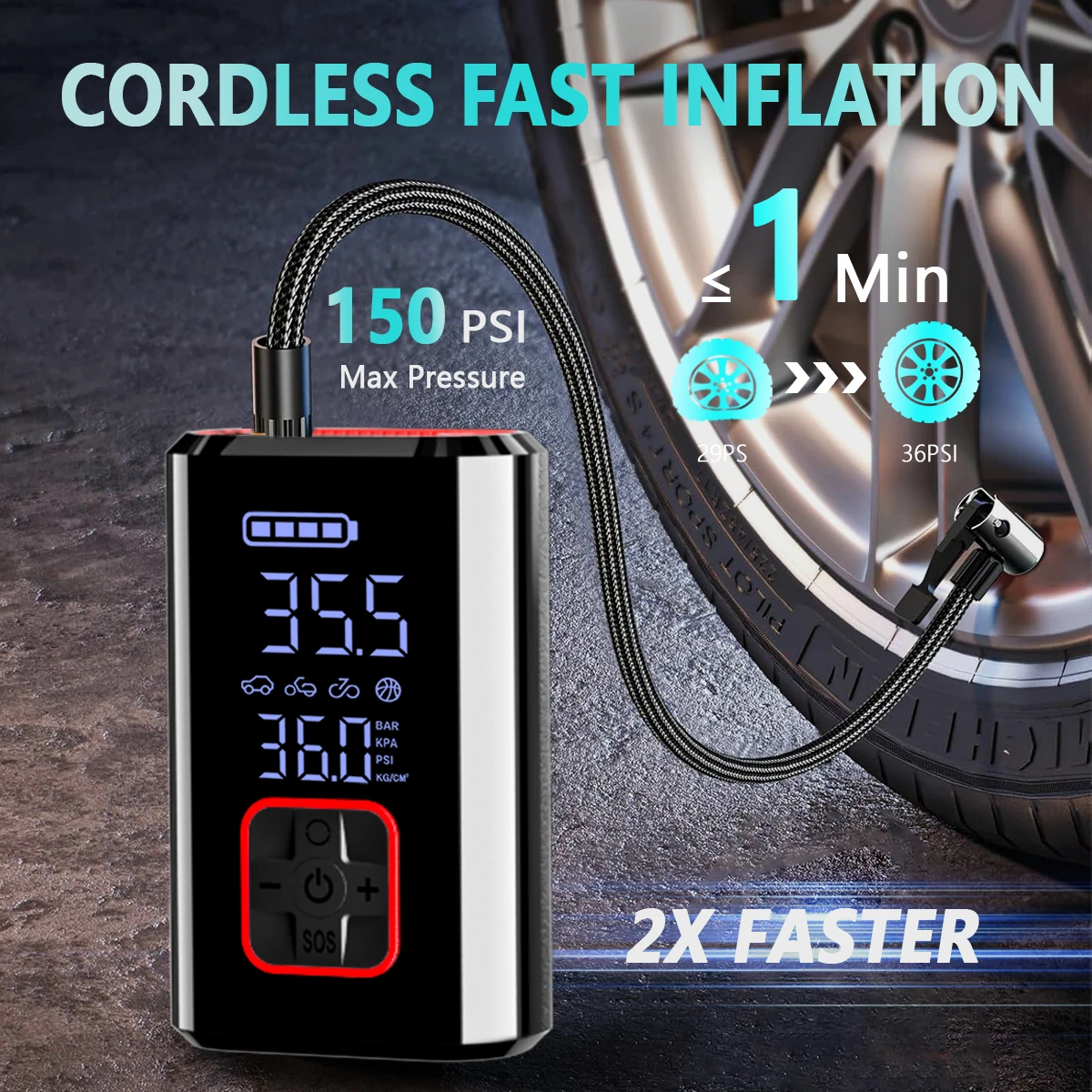 150PSI Cordless Air Pump USB-C Rechargeable,LED Light-For Car Tires,Bikes, Balloons & More!Portable & Powerful
150PSI Cordless Air Pump USB-C Rechargeable,LED Light-For Car Tires,Bikes, Balloons & More!Portable & Powerful
