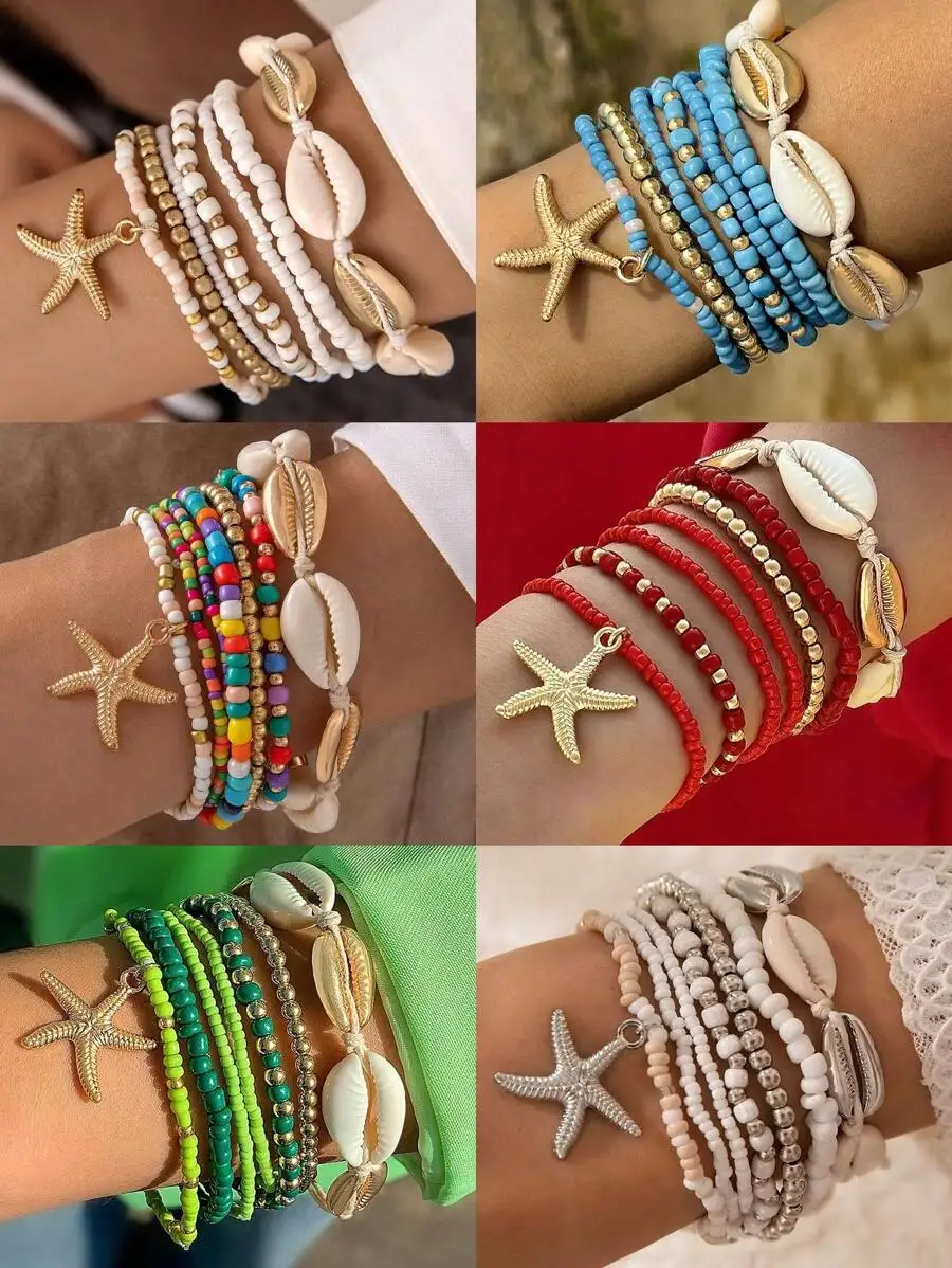 Boho Layered Beaded Bracelet Collection Featuring Alloy Starfish Charm, Cowrie Shells And Assorted Seed Beads For Women
Boho Layered Beaded Bracelet Collection Featuring Alloy Starfish Charm, Cowrie Shells And Assorted Seed Beads For Women