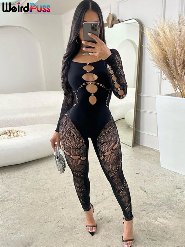 Weird Puss Sexy Hollow Jumpsuit Women Thick Slash Neck Rhinestones Midnight Clubwear Skinny Elastic Long Sleeve Workout Overalls
Weird Puss Sexy Hollow Jumpsuit Women Thick Slash Neck Rhinestones Midnight Clubwear Skinny Elastic Long Sleeve Workout Overalls