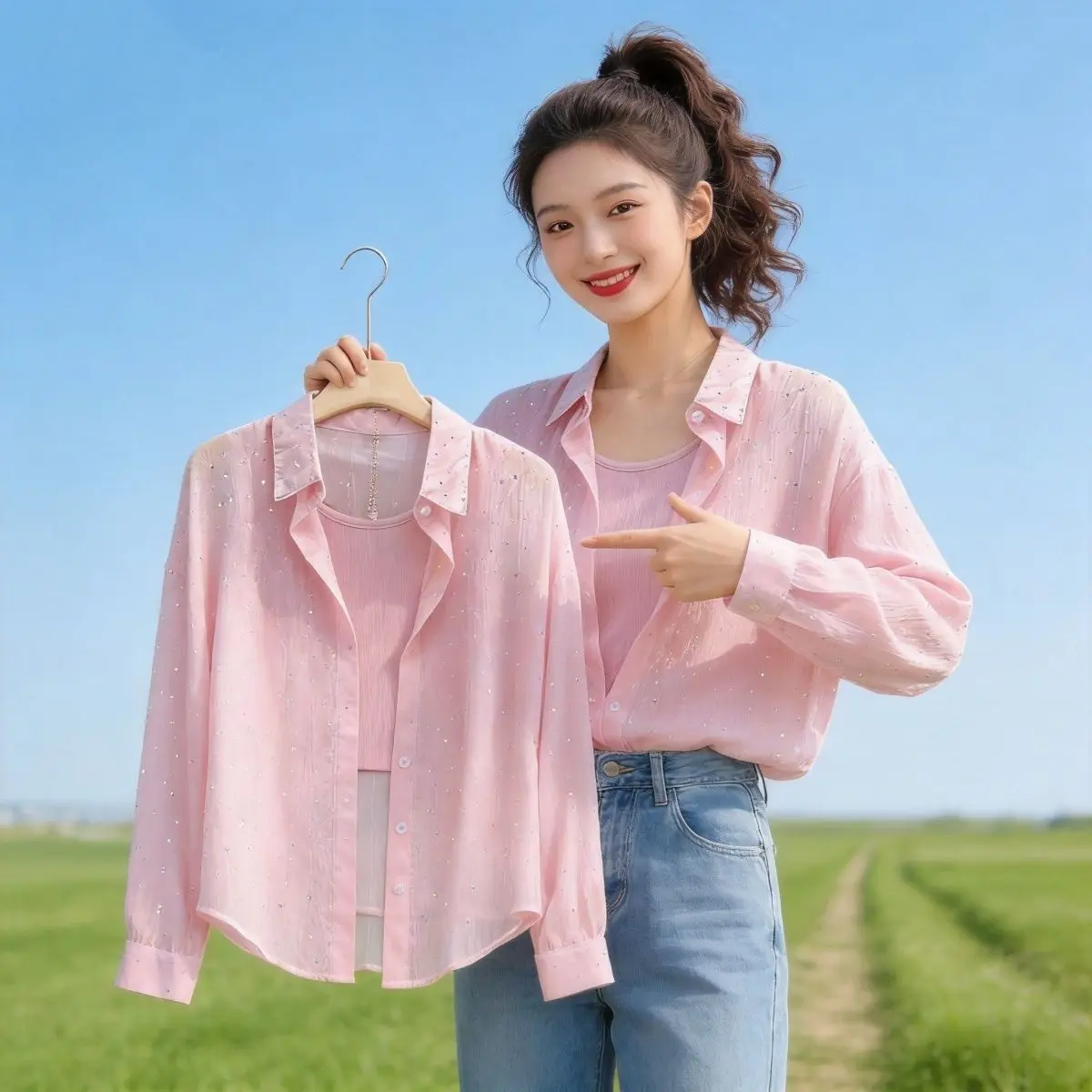 Sweet Gentle Glitter Thin Sun Protection Shirt Women Summer Casual Loose Versatile Layering Outerwear Top Polyester Fiber
Sweet Gentle Glitter Thin Sun Protection Shirt Women Summer Casual Loose Versatile Layering Outerwear Top Polyester Fiber