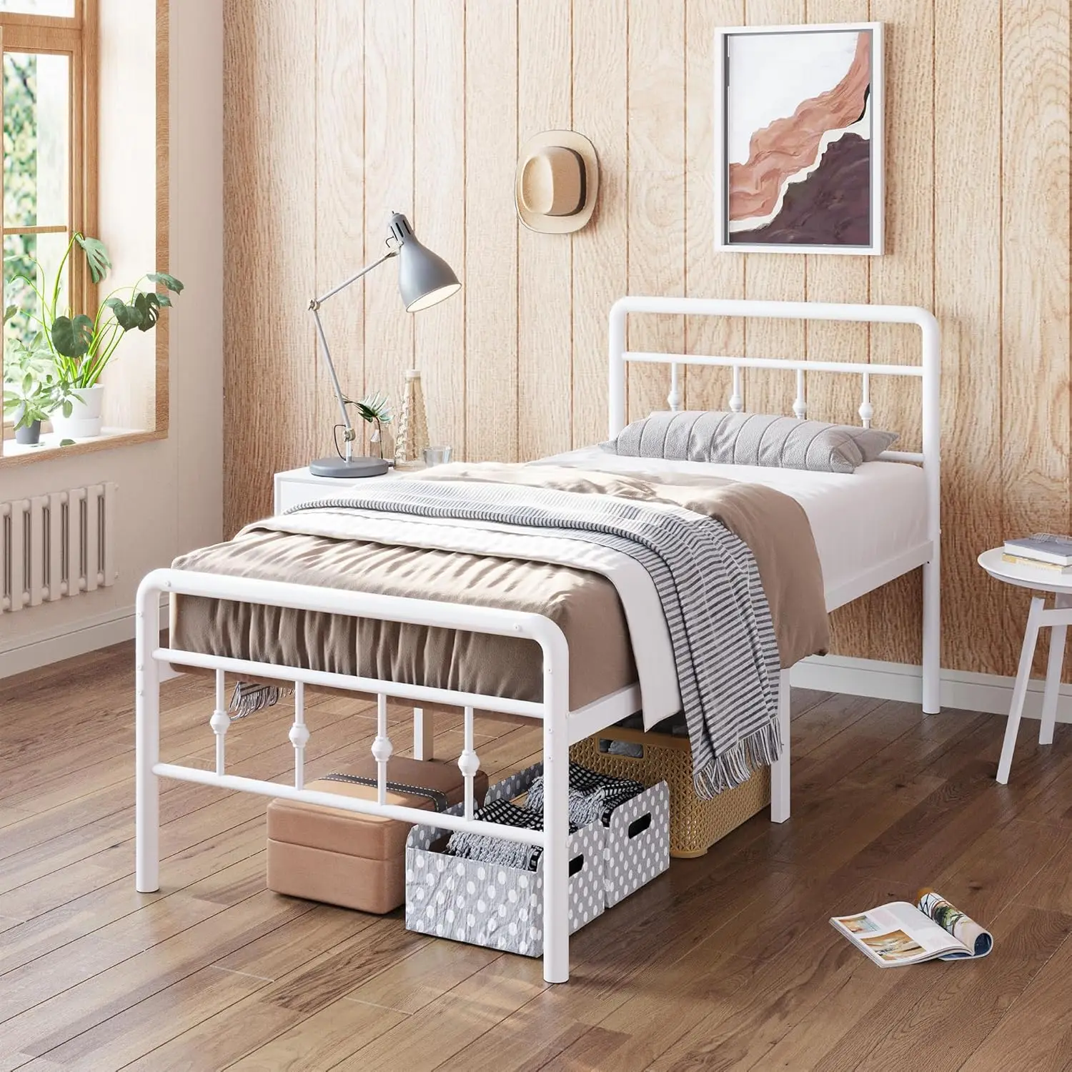 18 Inch Tall Twin Bed Frame, Headboard, Footboard, Heavy Duty Metal, No Box Spring, Easy Assembly, Storage, Noise Free, White
18 Inch Tall Twin Bed Frame, Headboard, Footboard, Heavy Duty Metal, No Box Spring, Easy Assembly, Storage, Noise Free, White