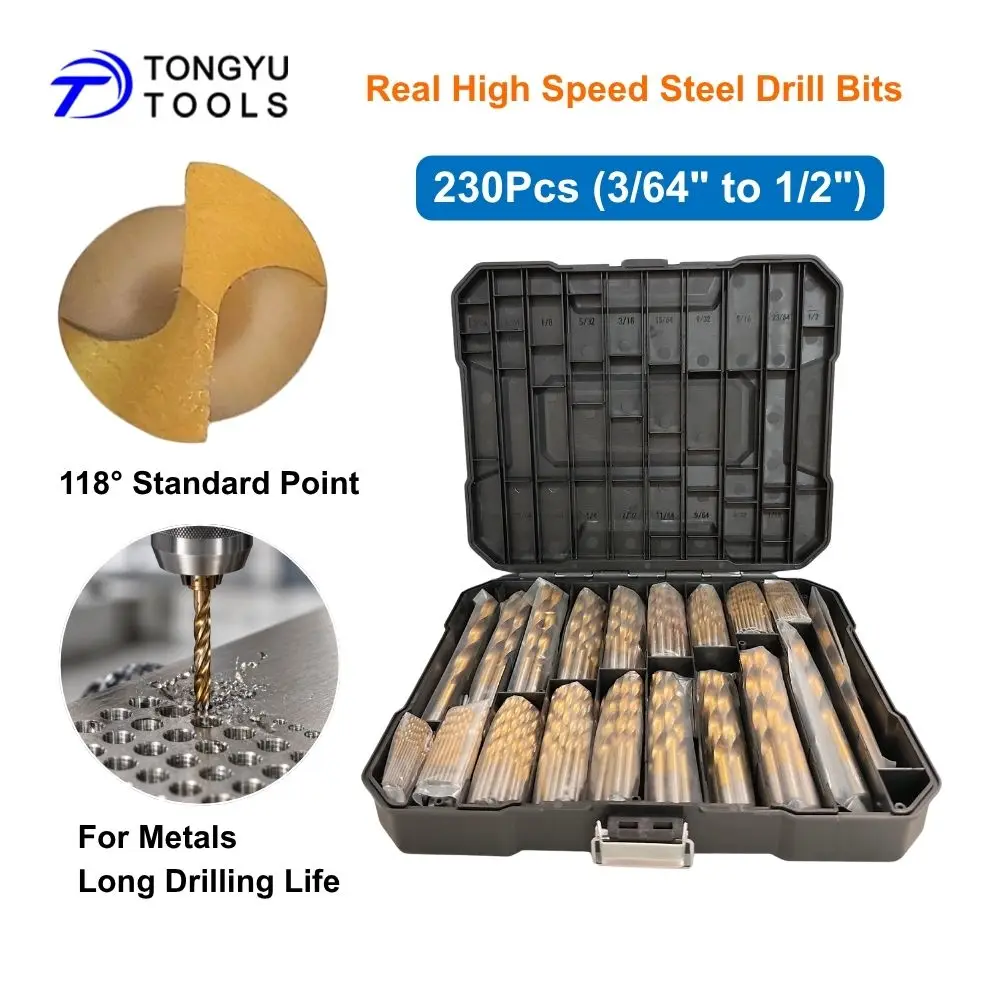 230Pcs Inch HSS Drill Bit Set 3/64"-1/2" Titanium Coated 4241 Twist Bits for Metal Wood Plastic DIY Repair
230Pcs Inch HSS Drill Bit Set 3/64"-1/2" Titanium Coated 4241 Twist Bits for Metal Wood Plastic DIY Repair