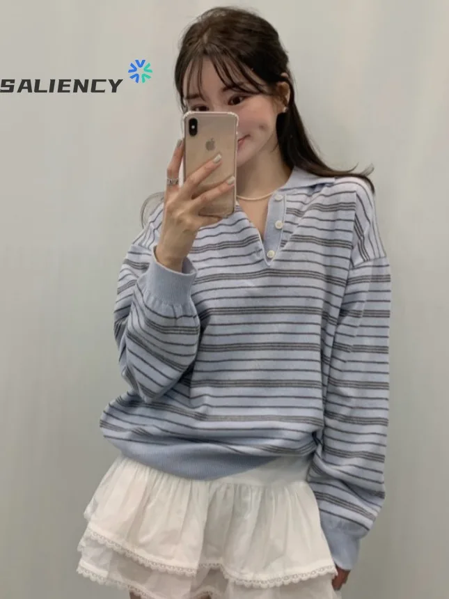 Fashion Stripe Knitted Polo Shirt for Women Casual Female Lapel Long Sleeve T-Shirt Spring Loose Lady Polo Collar Knitting Tops
Fashion Stripe Knitted Polo Shirt for Women Casual Female Lapel Long Sleeve T-Shirt Spring Loose Lady Polo Collar Knitting Tops