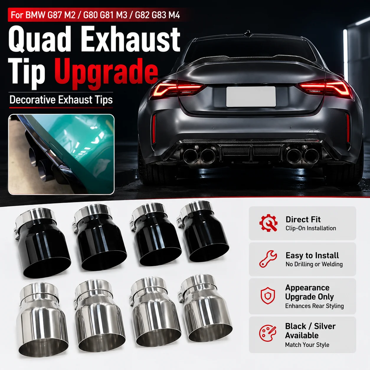 4PCS 101mm Quad Exhaust Tips for BMW M2 G87 M3 G80 G81 M4 G82 G83 Stainless Steel Tail Pipe Muffler Cover Decorative No Weld
4PCS 101mm Quad Exhaust Tips for BMW M2 G87 M3 G80 G81 M4 G82 G83 Stainless Steel Tail Pipe Muffler Cover Decorative No Weld