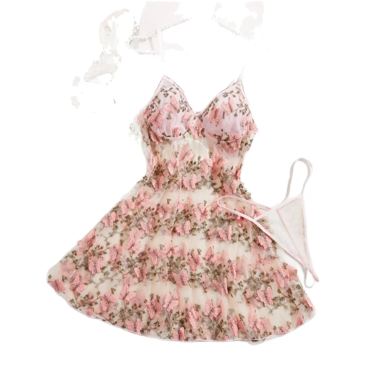 Pink three-dimensional butterfly mesh embroidered nightgown, pure lust sexy suspender pajamas two-piece set
Pink three-dimensional butterfly mesh embroidered nightgown, pure lust sexy suspender pajamas two-piece set