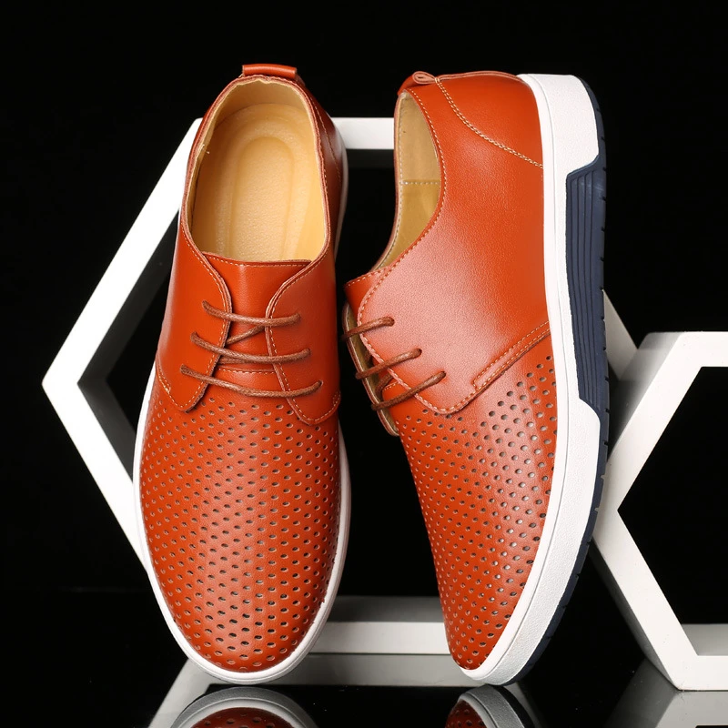 Mens Orange Perforated Leather Casual Shoes Breathable Lace Up Sneakers With Two Tone Sole For Summer Daily Wear Comfortable
Mens Orange Perforated Leather Casual Shoes Breathable Lace Up Sneakers With Two Tone Sole For Summer Daily Wear Comfortable