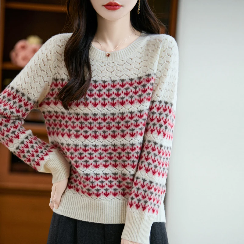 Fair Isle Sweater Pullover Spring Autumn Sweater For Women's Vintage Knitwear 100% Merino Wool O-Neck Hollow Out Casual Thin Top
Fair Isle Sweater Pullover Spring Autumn Sweater For Women's Vintage Knitwear 100% Merino Wool O-Neck Hollow Out Casual Thin Top
