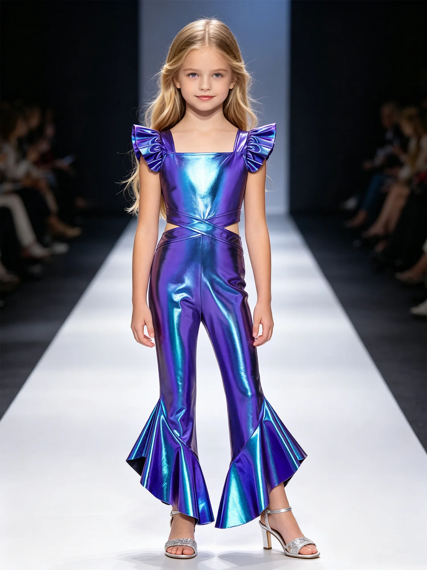 Kids Girls Metallic Flared Square Neck Jumpsuit Sides Hollow Out Ruffled Bell Bottoms for Stage Jazz Dance Performance
Kids Girls Metallic Flared Square Neck Jumpsuit Sides Hollow Out Ruffled Bell Bottoms for Stage Jazz Dance Performance