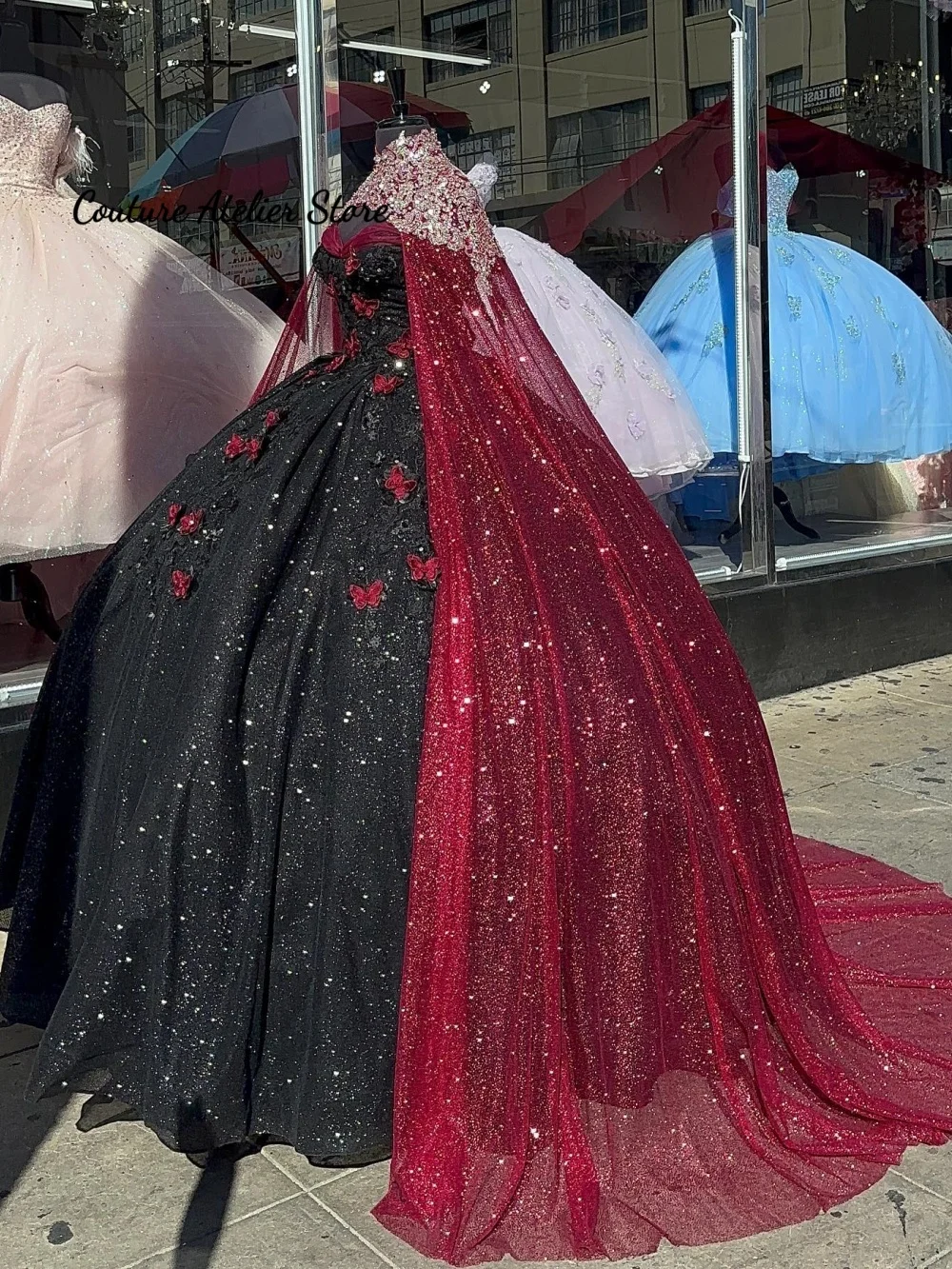 Red Butterflies Black Quinceanera Dress With Cape Shinny Ball Gown Beaded Birthday Party Dress Vestidos De 15 Años Customized
Red Butterflies Black Quinceanera Dress With Cape Shinny Ball Gown Beaded Birthday Party Dress Vestidos De 15 Años Customized