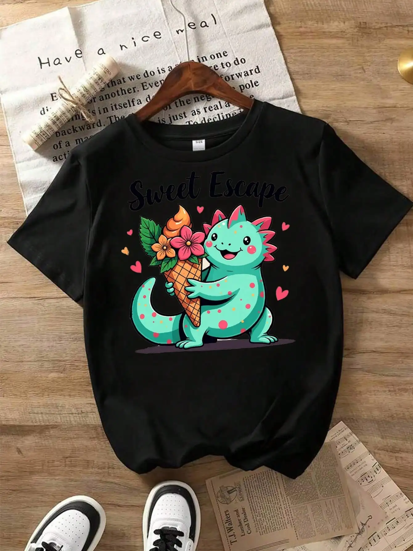 Cute Dinosaur Cotton T-Shirt, Black Tee With Dinosaur And Ice Cream, Sweet Escape Summer Tops
Cute Dinosaur Cotton T-Shirt, Black Tee With Dinosaur And Ice Cream, Sweet Escape Summer Tops