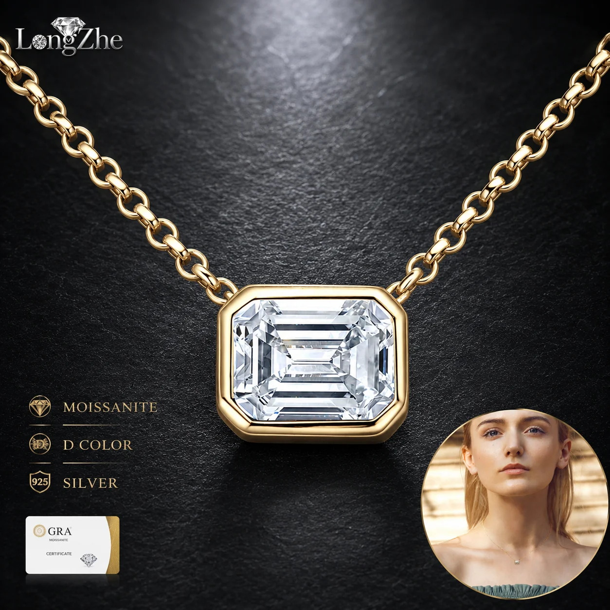 S925 Sterling Silver Moissanite Necklace 1CT Emerald Cut Bezel Set Pendant Gold Silver Tone Custom Engraved Gift for Women
S925 Sterling Silver Moissanite Necklace 1CT Emerald Cut Bezel Set Pendant Gold Silver Tone Custom Engraved Gift for Women