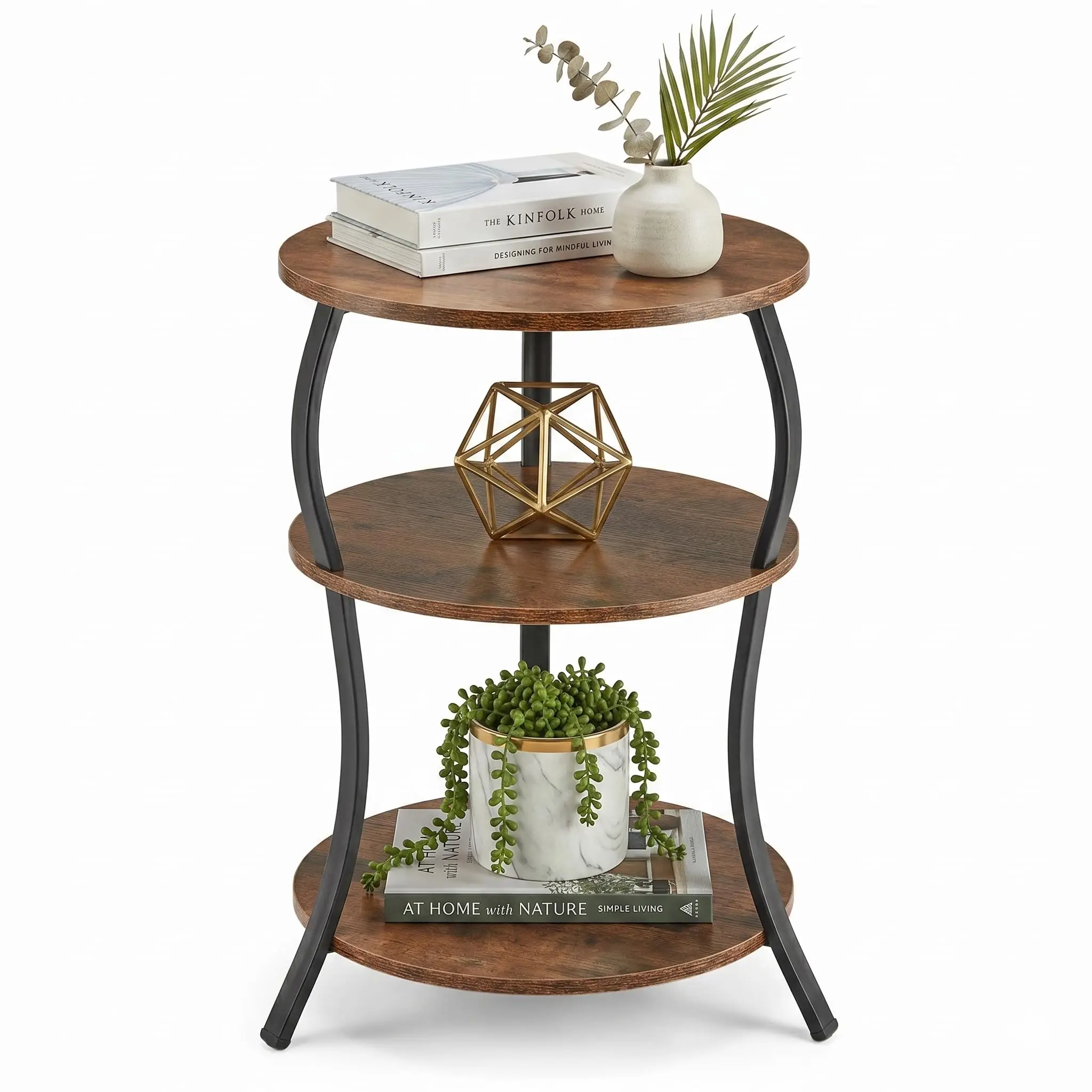 Three-Tier Round Side Table With Wooden Shelves And Metal Frame For Living Room, Bedroom Or Corner Use
Three-Tier Round Side Table With Wooden Shelves And Metal Frame For Living Room, Bedroom Or Corner Use