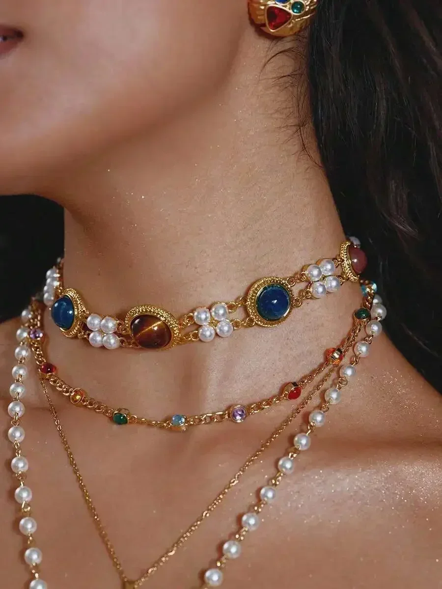 Layered Choker Necklace With Pearls And Gemstones For Women
Layered Choker Necklace With Pearls And Gemstones For Women