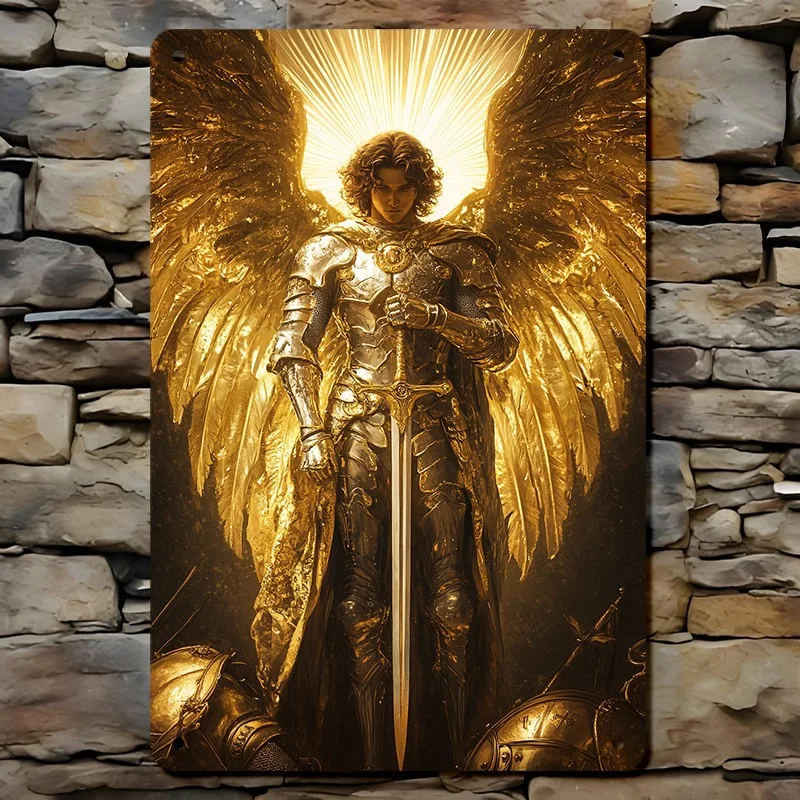Vintage AluminumMetal Wall Decor Sign, Archangel Michael Art Poster with Halo and Sword, Golden Armor and Broken Demons
Vintage AluminumMetal Wall Decor Sign, Archangel Michael Art Poster with Halo and Sword, Golden Armor and Broken Demons