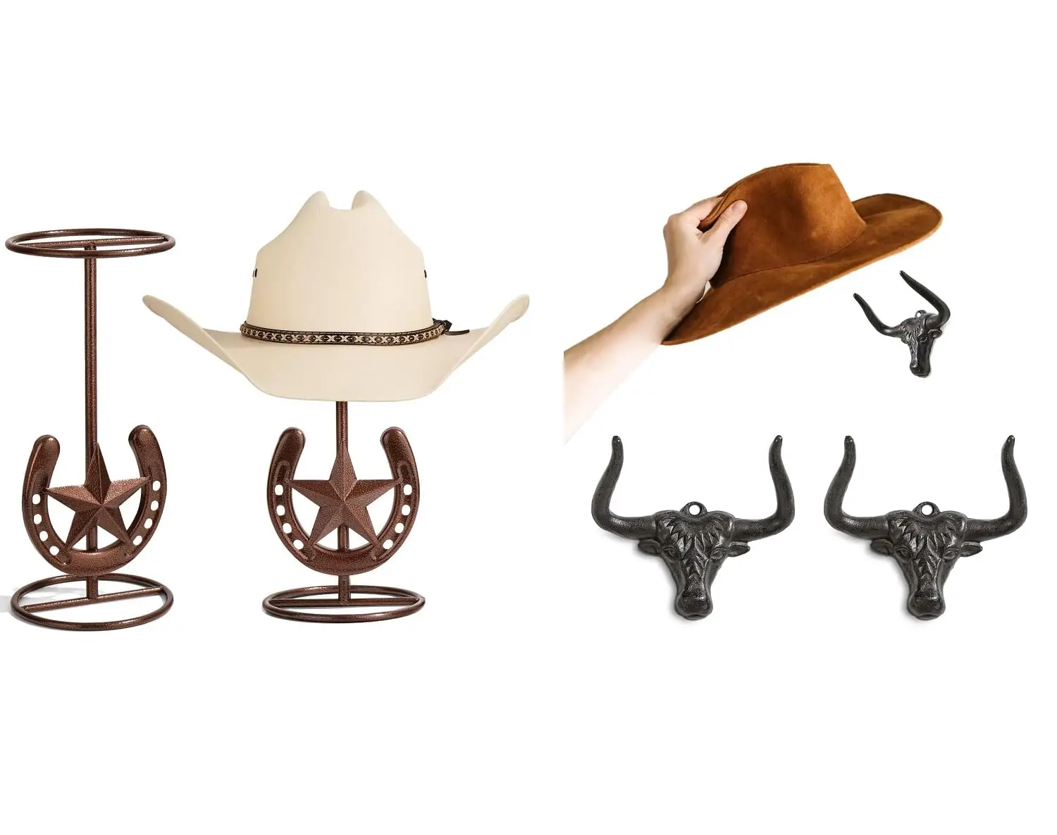 Western Hat Display Stands 2pcs With Horseshoe Star Design And Bull Head Wall Hooks 2pcs
Western Hat Display Stands 2pcs With Horseshoe Star Design And Bull Head Wall Hooks 2pcs