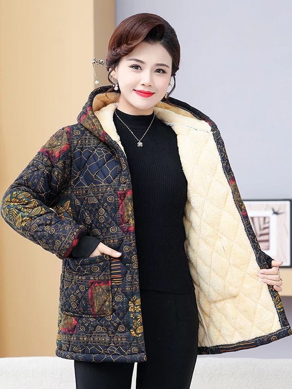Утепленное хлопковое пальто с капюшоном для женщин, средней длины, с флисовой подкладкой, теплым ретро-принтом, длинными рукавами, зимняя верхняя одежда
Утепленное хлопковое пальто с капюшоном для женщин, средней длины, с флисовой подкладкой, теплым ретро-принтом, длинными рукавами, зимняя верхняя одежда