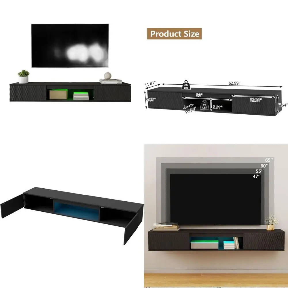 Тумба под телевизор с волнистым дизайном и RGB-подсветкой, черная медиаконсоль для гостиных, 63 дюйма
Тумба под телевизор с волнистым дизайном и RGB-подсветкой, черная медиаконсоль для гостиных, 63 дюйма