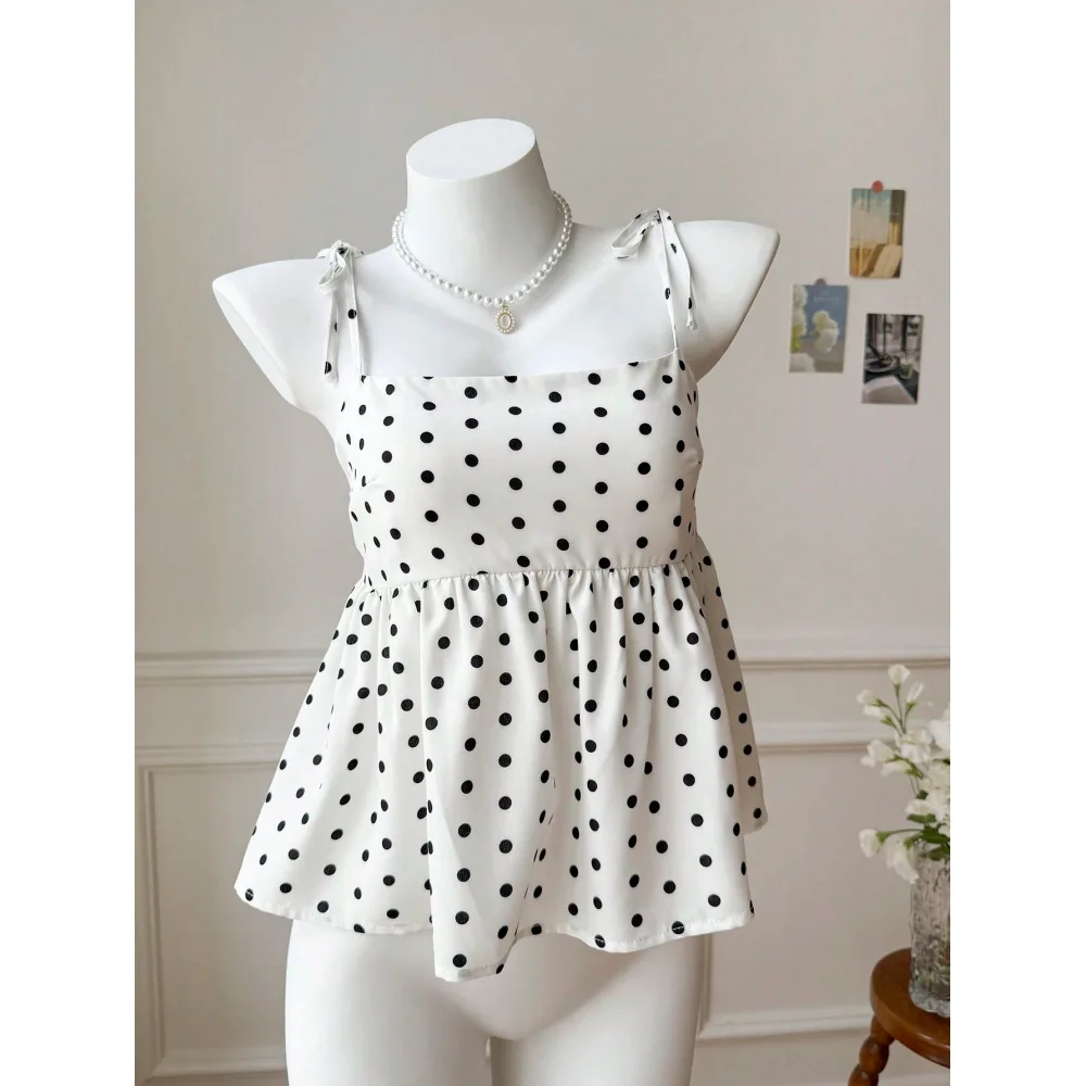 Women Black White Polka Dot Print Tie Shoulder Strap Peplum Hem Slim Fitted Casual Coquette Cami Top
Women Black White Polka Dot Print Tie Shoulder Strap Peplum Hem Slim Fitted Casual Coquette Cami Top