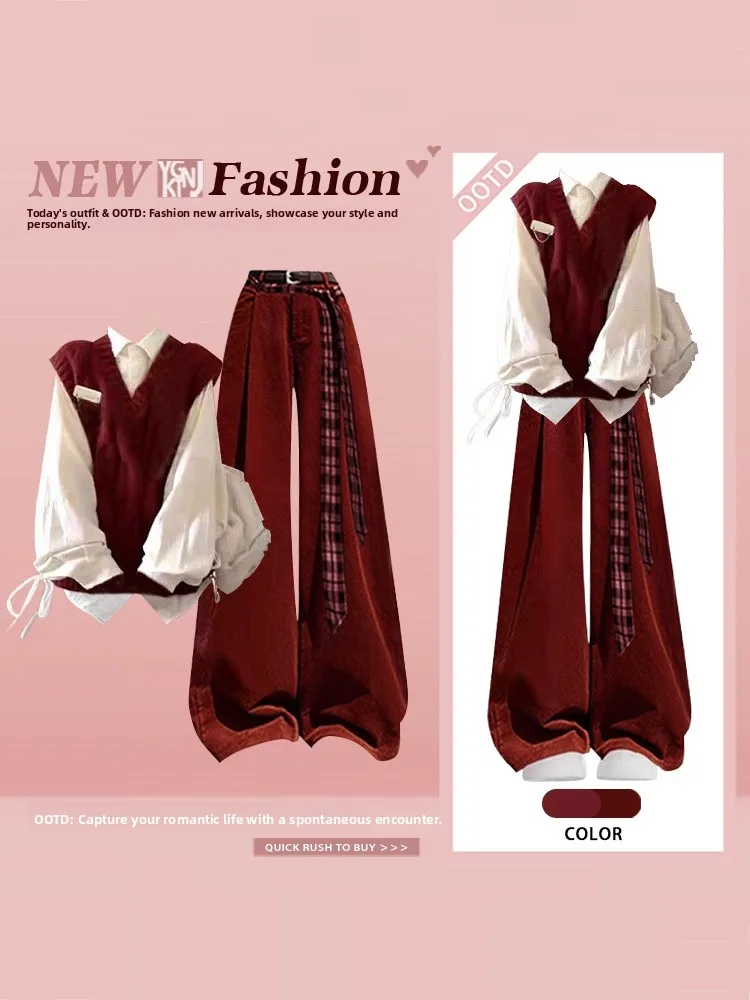 Korean College Style Red Sweater Three-Piece Set Women's Winter Slim Wide Leg Pants Fashion High-End Complete Outfit
Korean College Style Red Sweater Three-Piece Set Women's Winter Slim Wide Leg Pants Fashion High-End Complete Outfit