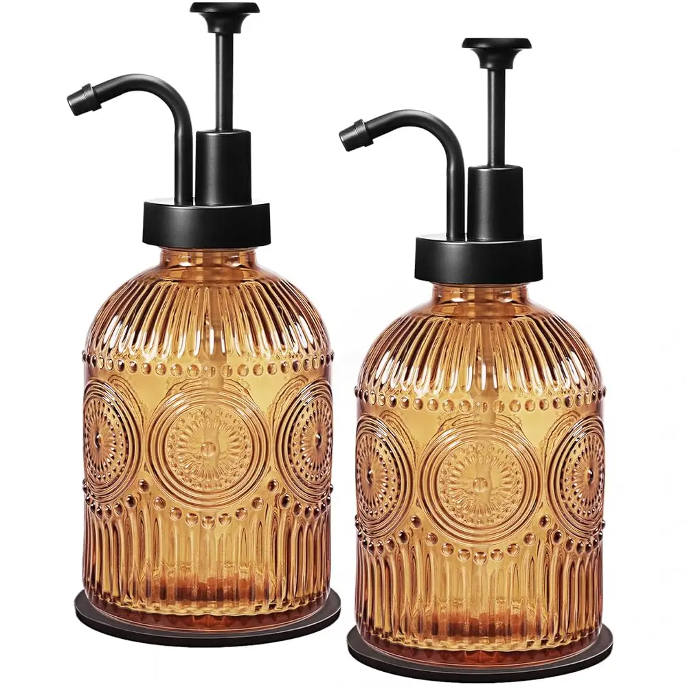 12 Oz Vintage Glass Bathroom Soap Dispensers with Pump, 2 Pack Refillable Kitchen Dish Soap Dispenser with Stripe, Antique R
12 Oz Vintage Glass Bathroom Soap Dispensers with Pump, 2 Pack Refillable Kitchen Dish Soap Dispenser with Stripe, Antique R