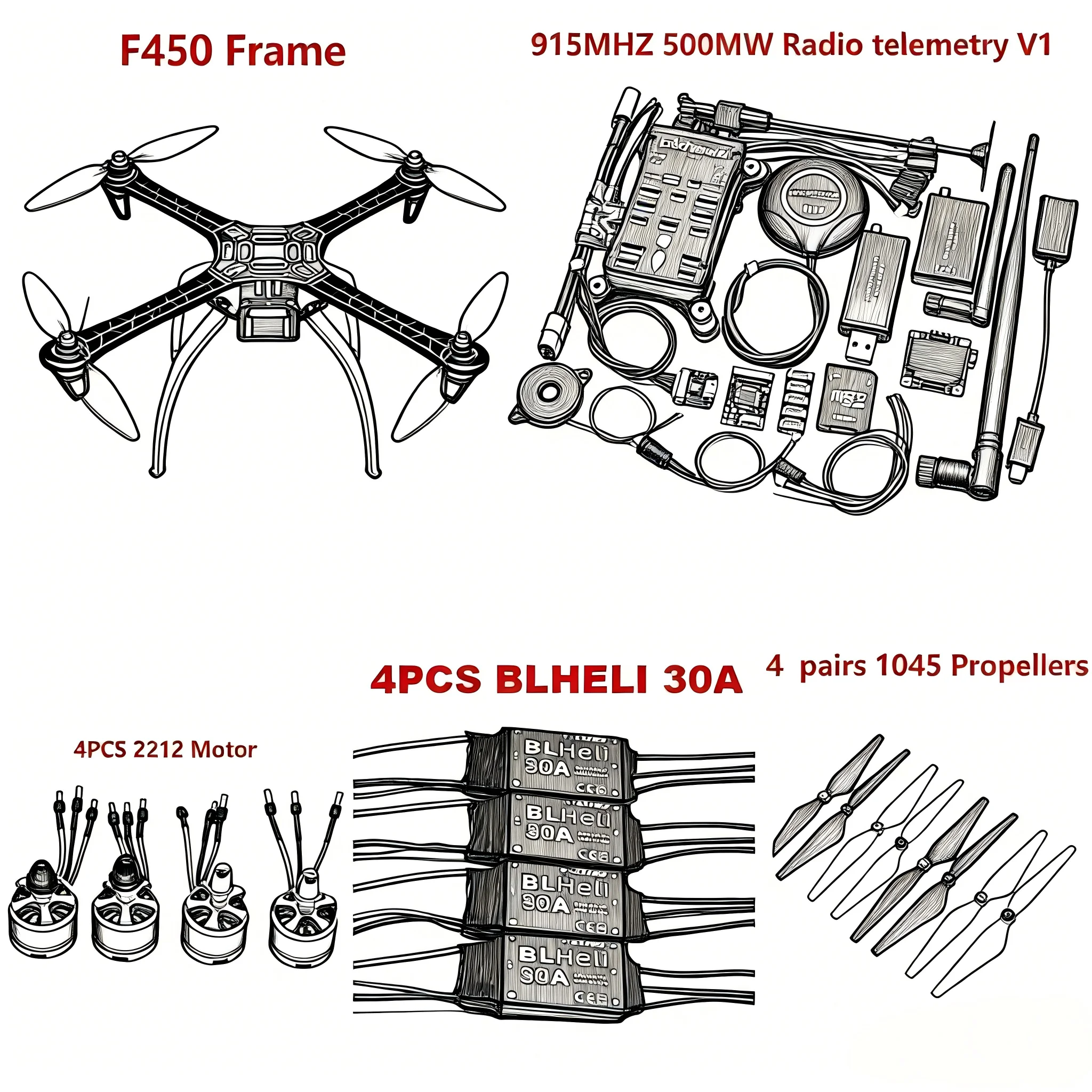 RC F450 Drone Kit With PIXHAWK2.4.8 flight control 100MW Radio Telemetry Quadcopter BLHELI 30A 2212 Motor ESC With Landing Gear
RC F450 Drone Kit With PIXHAWK2.4.8 flight control 100MW Radio Telemetry Quadcopter BLHELI 30A 2212 Motor ESC With Landing Gear