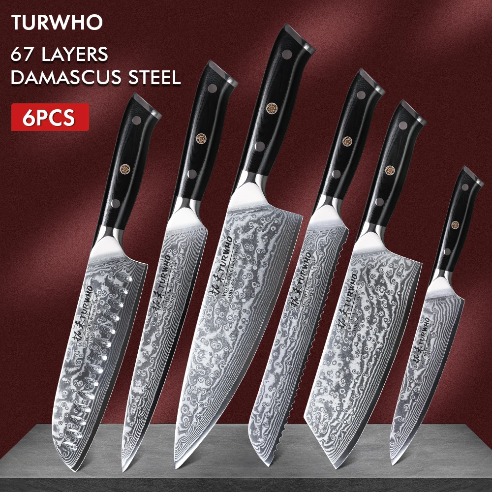 

Набор кухонных ножей TURWHO из 6 предметов, 67 слоев, дамасская сталь, японский нож сантоку, шеф-повар, Практичный Нож для нарезки хлеба, накирий