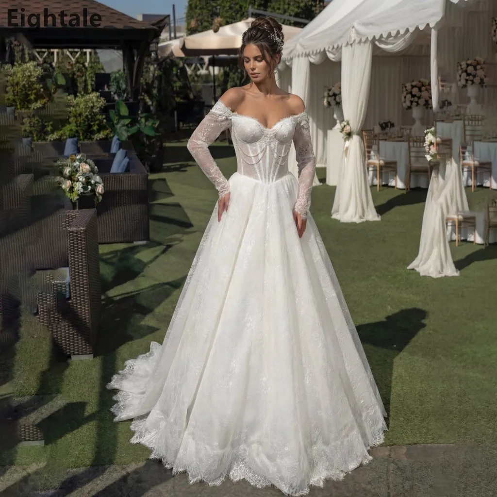 Свадебное платье Eightale 2026 класса люкс, А-силуэт, цвет слоновой кости, с открытыми плечами, жемчугом и кружевными рукавами, атласное, на заказ
Свадебное платье Eightale 2026 класса люкс, А-силуэт, цвет слоновой кости, с открытыми плечами, жемчугом и кружевными рукавами, атласное, на заказ