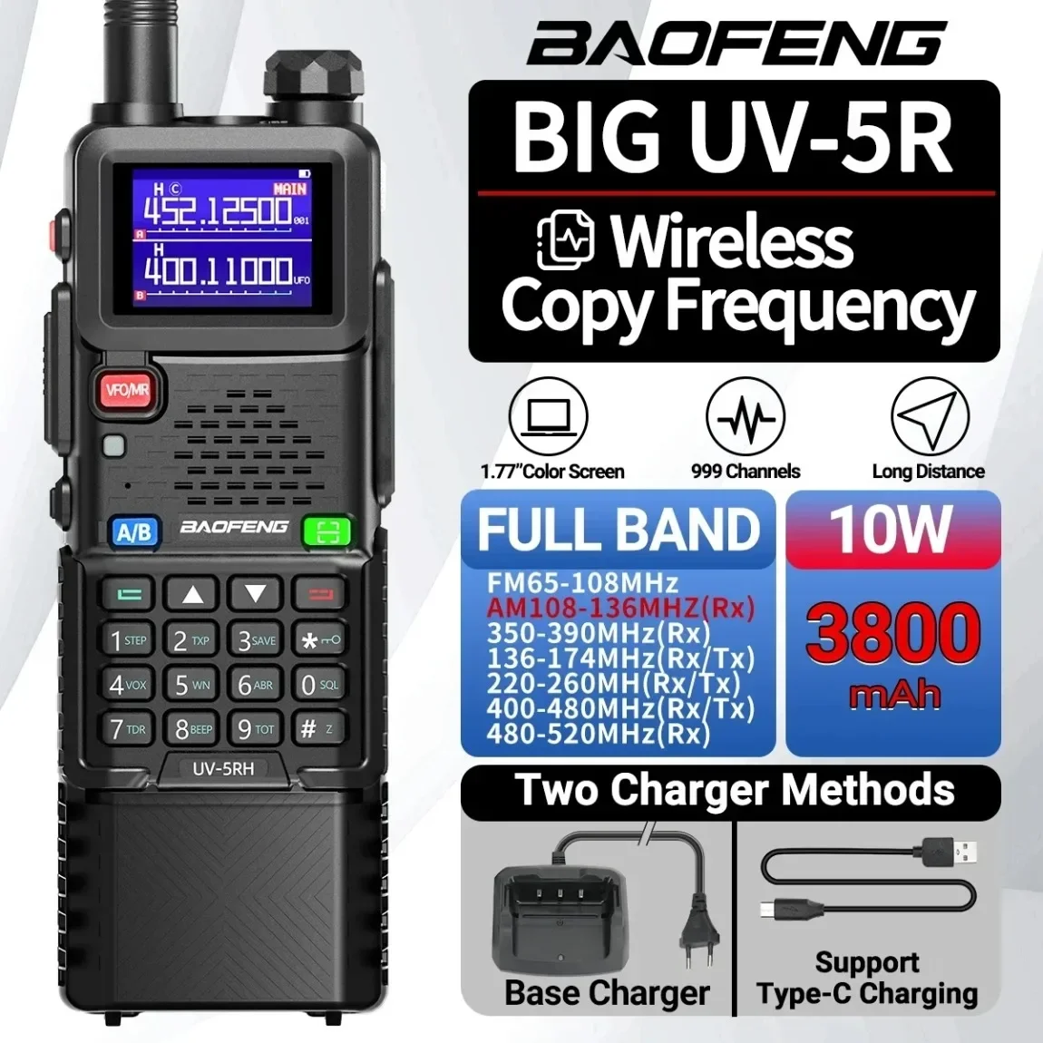 Baofeng UV-5RH Air Band Walkie Talkie 3800mAh 10w Wireless Copy Frequency Multi Band AM Type-C for UV-5R Long Range Ham Radio
Baofeng UV-5RH Air Band Walkie Talkie 3800mAh 10w Wireless Copy Frequency Multi Band AM Type-C for UV-5R Long Range Ham Radio