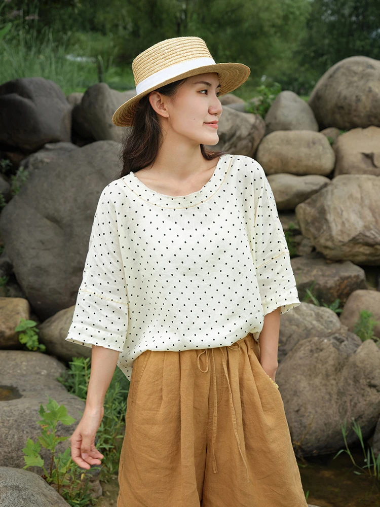 Новинка лета: Льняная футболка C997 с принтом в горошек, круглым вырезом, коротким рукавом, свободного кроя, для повседневной носки, в художественном стиле
Новинка лета: Льняная футболка C997 с принтом в горошек, круглым вырезом, коротким рукавом, свободного кроя, для повседневной носки, в художественном стиле