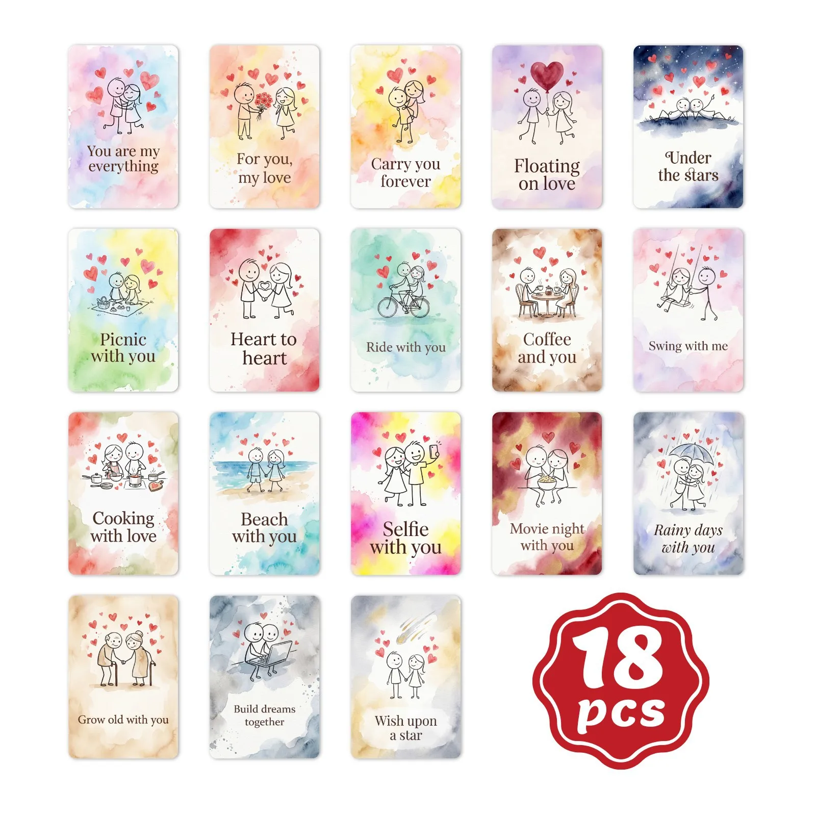 Набор из 18 открыток с акварельными фигурками-стикфигурками для влюбленных пар, романтический подарок на годовщину, поздравительные открытки для влюбленных
Набор из 18 открыток с акварельными фигурками-стикфигурками для влюбленных пар, романтический подарок на годовщину, поздравительные открытки для влюбленных