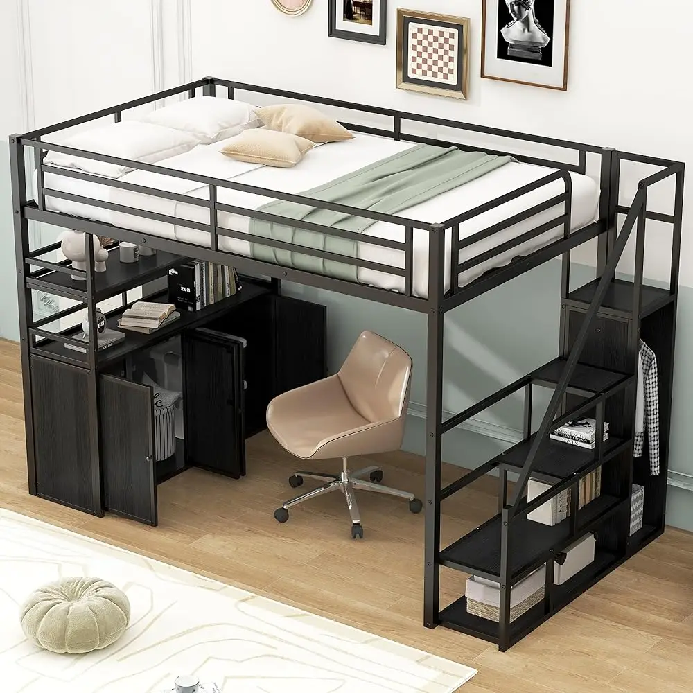 Full Size Loft Bed With Staircase And Wardrobe, Metal Full Loft Bed Frame With Storage Shelves And Lockers, No Box Spring
Full Size Loft Bed With Staircase And Wardrobe, Metal Full Loft Bed Frame With Storage Shelves And Lockers, No Box Spring