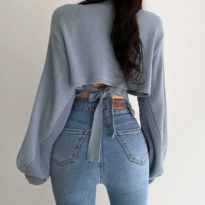 Mist Blue Women's Sweater V-neck Sexy Hollow Strap Loose Lantern Sleeve Knitted Sweater Autumn/Winter Elegant Top 2024 New
Mist Blue Women's Sweater V-neck Sexy Hollow Strap Loose Lantern Sleeve Knitted Sweater Autumn/Winter Elegant Top 2024 New
