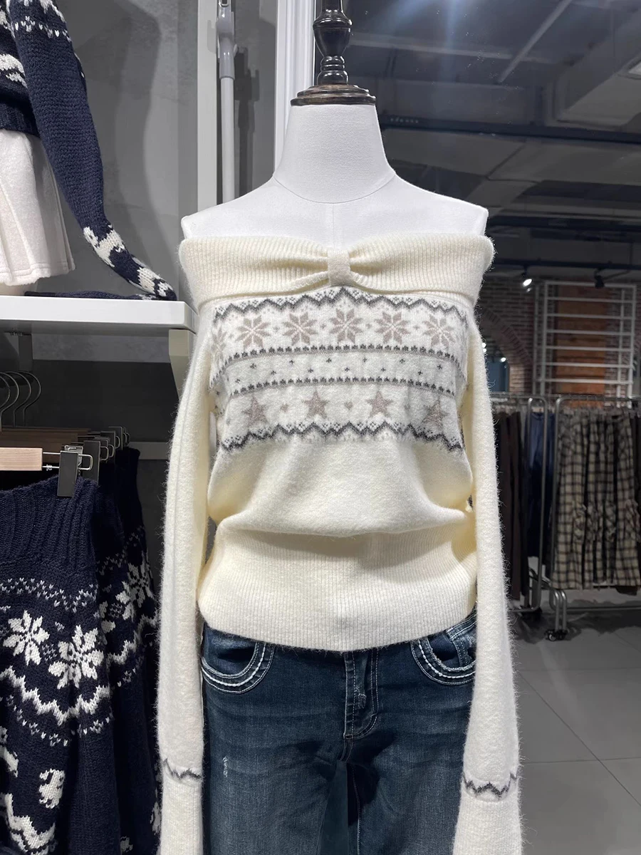 Geometric Jacquard Slim Sweater Woman Knot Slash Neck Long Sleeve Cotton Jumper Female Spring Casual Sweet Pullover Tops New
Geometric Jacquard Slim Sweater Woman Knot Slash Neck Long Sleeve Cotton Jumper Female Spring Casual Sweet Pullover Tops New