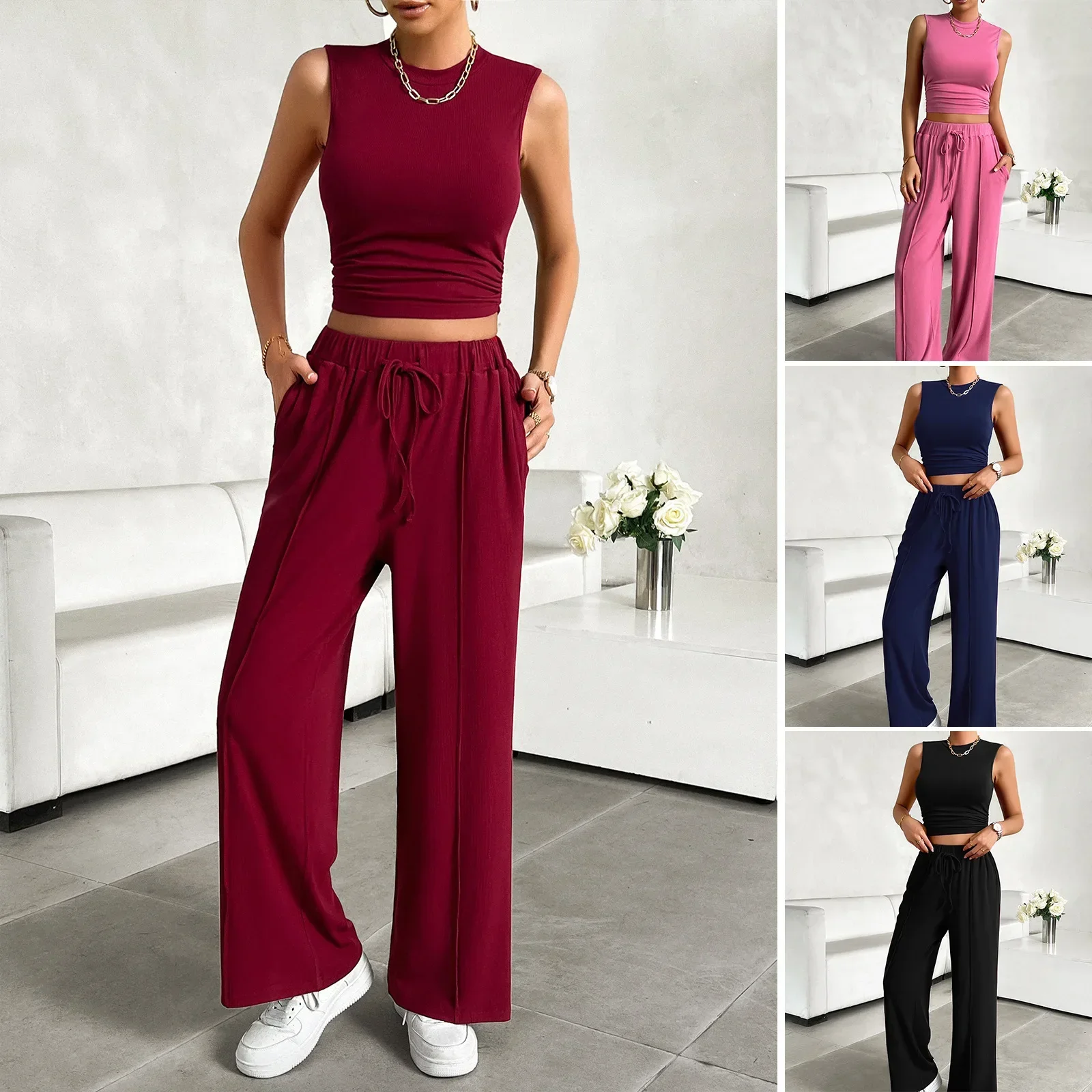 Women Summer 2 Piece Sets Outfit Solid Color O-neck Lady's Vest Drawstring Female Straight Pants Elegant 2-piece Sets For Women
Women Summer 2 Piece Sets Outfit Solid Color O-neck Lady's Vest Drawstring Female Straight Pants Elegant 2-piece Sets For Women