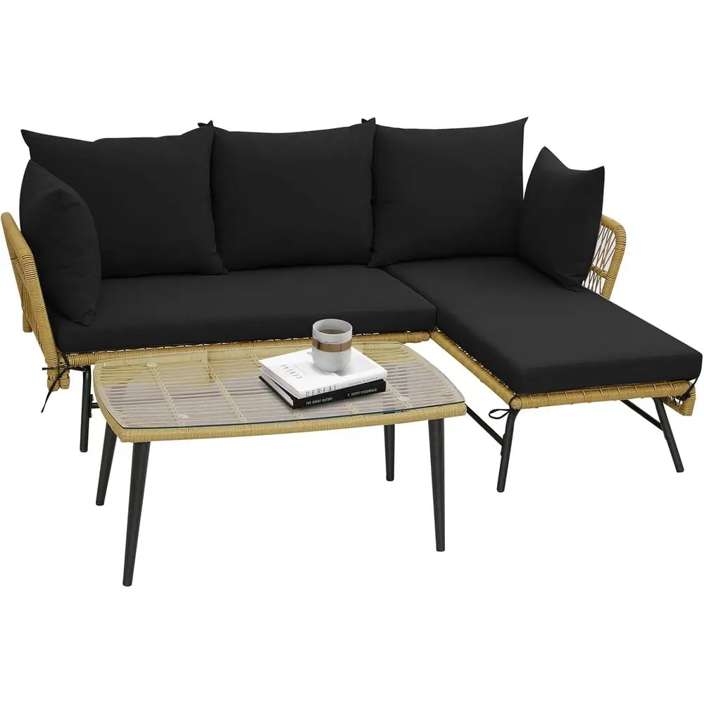 3-Piece L-Shaped Patio Sofa Set with Cushions and Tempered Glass Table, Ideal for Outdoor Spaces in Black
3-Piece L-Shaped Patio Sofa Set with Cushions and Tempered Glass Table, Ideal for Outdoor Spaces in Black