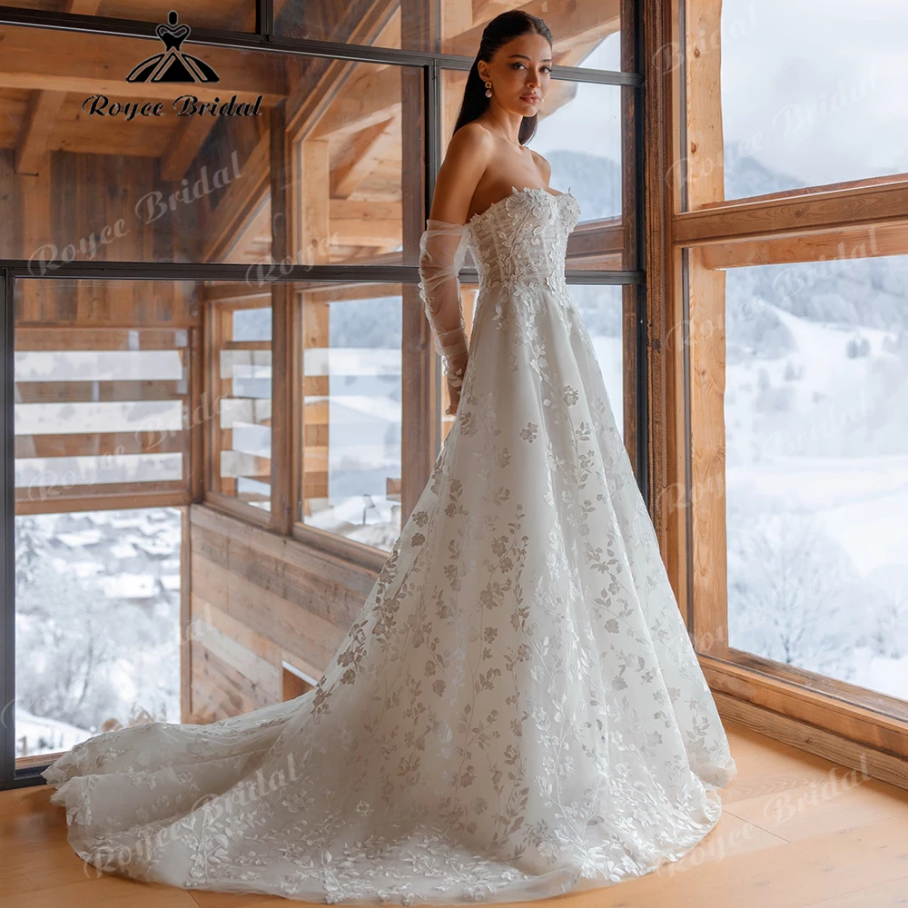 Strapless Sweetheart A Line Wedding Dress Floral Lace Tulle Bridal Gown Chapel Train Corset Back Bride Dress Customized
Strapless Sweetheart A Line Wedding Dress Floral Lace Tulle Bridal Gown Chapel Train Corset Back Bride Dress Customized