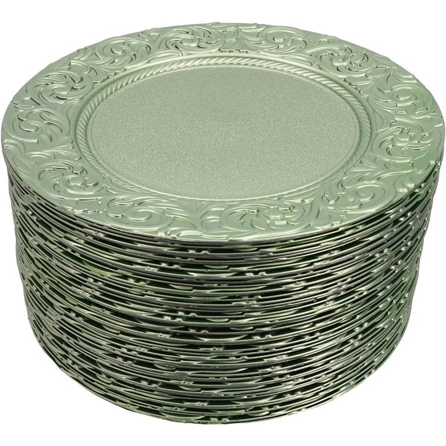 100 шт. тарелки для зарядного устройства, 13 дюймов, круглая тарелка с тиснением, пластиковые многоразовые сервировочные тарелки для свадебной вечеринки, мероприятия, стол
100 шт. тарелки для зарядного устройства, 13 дюймов, круглая тарелка с тиснением, пластиковые многоразовые сервировочные тарелки для свадебной вечеринки, мероприятия, стол