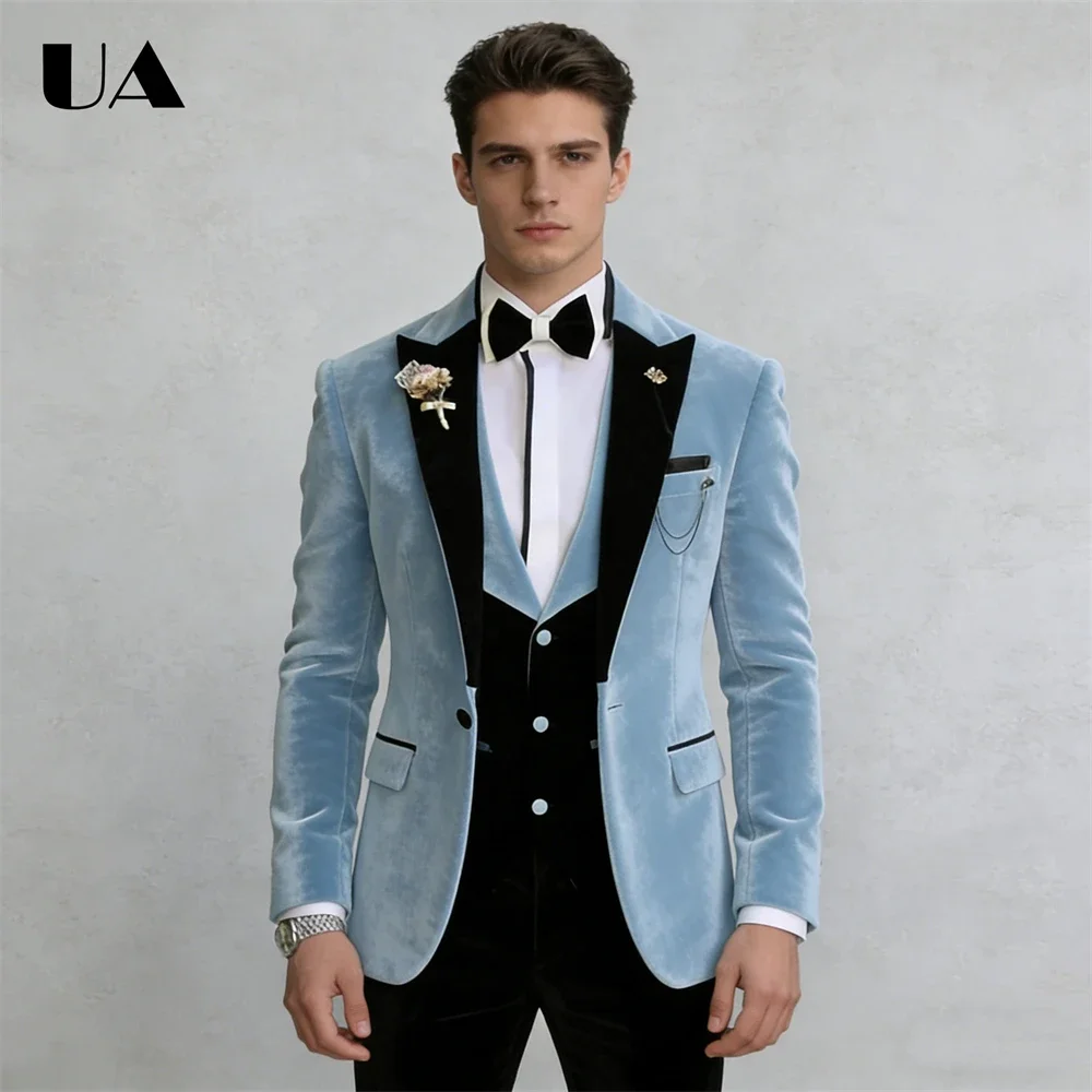 Sky Blue Velvet Suit Attire, Men's Formal Three Pieces Suit Set, (Jacket Vest Pants) One Button Blazer Business Suits Tuxedo
Sky Blue Velvet Suit Attire, Men's Formal Three Pieces Suit Set, (Jacket Vest Pants) One Button Blazer Business Suits Tuxedo