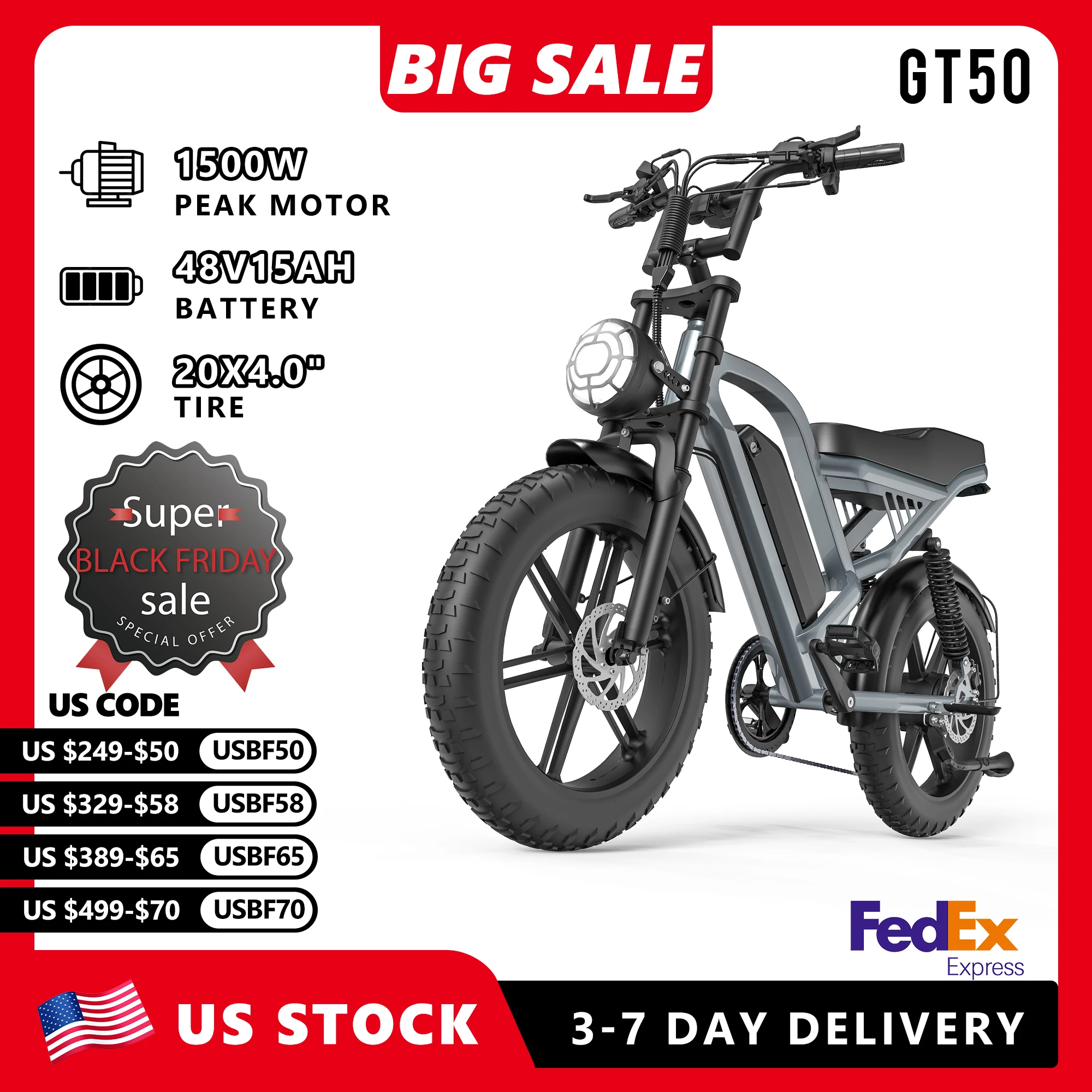 Hugtoday Electric Bicycle 1500W PEAK Motor 48V Lithium Battery GT50 Electric Bike Hydraulic Brake 20*4.0 Inch Fat Tire E-bike
Hugtoday Electric Bicycle 1500W PEAK Motor 48V Lithium Battery GT50 Electric Bike Hydraulic Brake 20*4.0 Inch Fat Tire E-bike