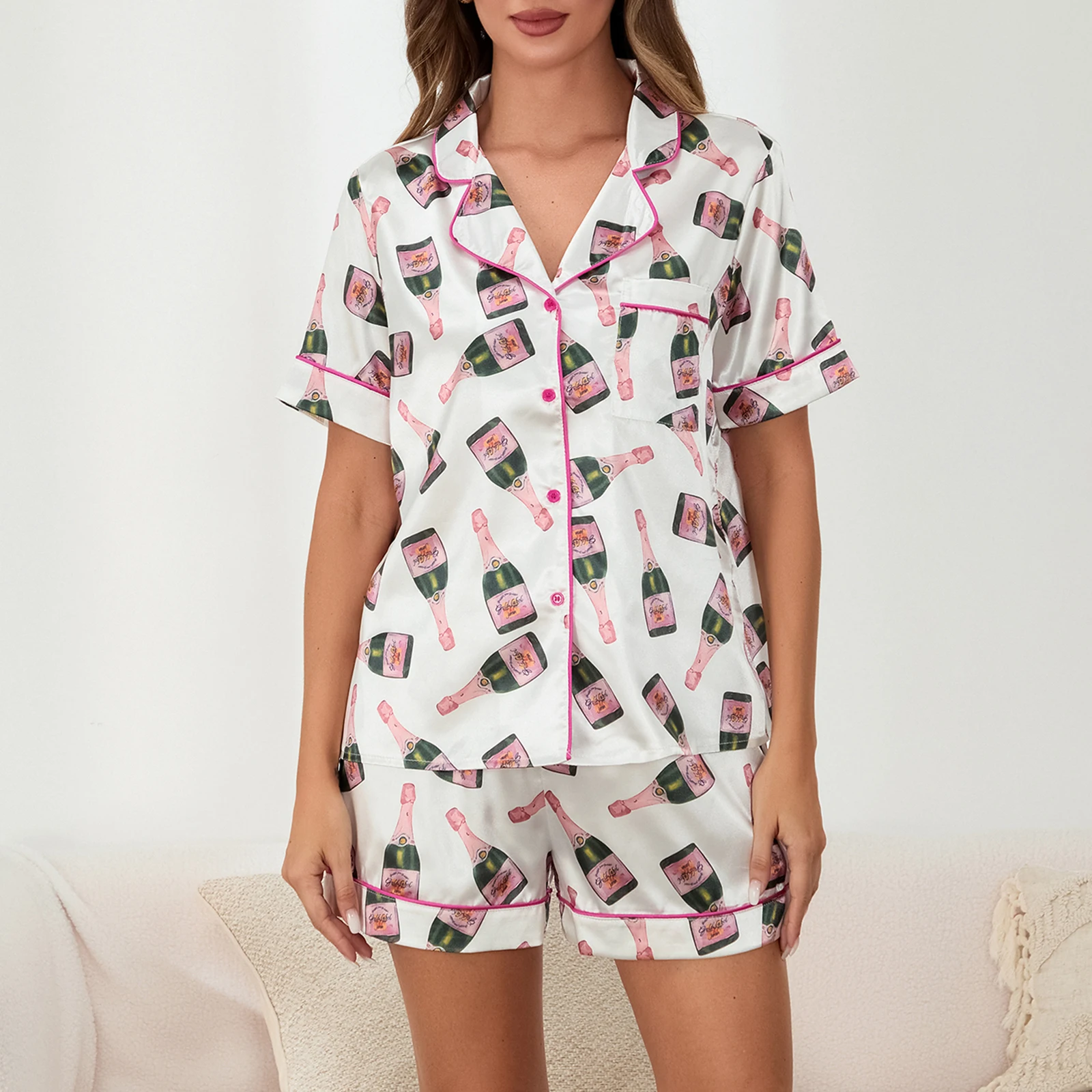 Lapel Neck Short Sleeve Button Down Tops Elastic Waist Shorts Women 2 Piece Pajama Set Beverage Bottle Print Lounge Outfits
Lapel Neck Short Sleeve Button Down Tops Elastic Waist Shorts Women 2 Piece Pajama Set Beverage Bottle Print Lounge Outfits