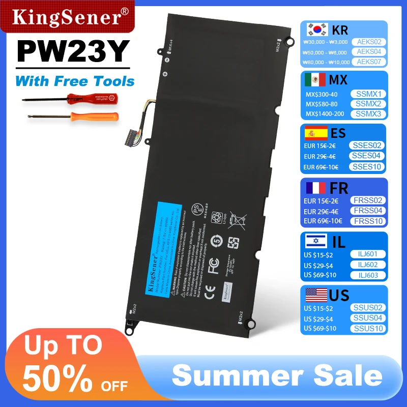 KingSener PW23Y Сменный аккумулятор для ноутбука DELL XPS 13 9360 серии RNP72 TP1GT P54G 7,6 В 60 Втч Бесплатные инструменты
KingSener PW23Y Сменный аккумулятор для ноутбука DELL XPS 13 9360 серии RNP72 TP1GT P54G 7,6 В 60 Втч Бесплатные инструменты