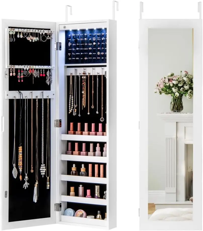 5 LEDs Mirrored Jewelry Cabinet Wall Mounted or Door Hanging, 42” Jewelry Box Armoire with Full Length Mirror, 2 Drawers
5 LEDs Mirrored Jewelry Cabinet Wall Mounted or Door Hanging, 42” Jewelry Box Armoire with Full Length Mirror, 2 Drawers