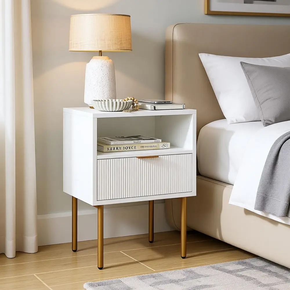 Modern Gold-Accented White Nightstand for Bedroom and Living Room with Drawer and Shelf
Modern Gold-Accented White Nightstand for Bedroom and Living Room with Drawer and Shelf