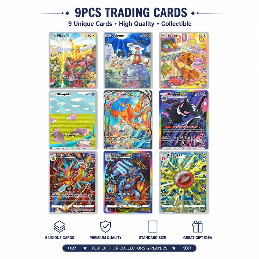 9PCS Full Art Trading Card Collection Set Lightning Mouse Charizard Gengar Eevee Alakazam Machamp Holo Foil Collector Cards
9PCS Full Art Trading Card Collection Set Lightning Mouse Charizard Gengar Eevee Alakazam Machamp Holo Foil Collector Cards