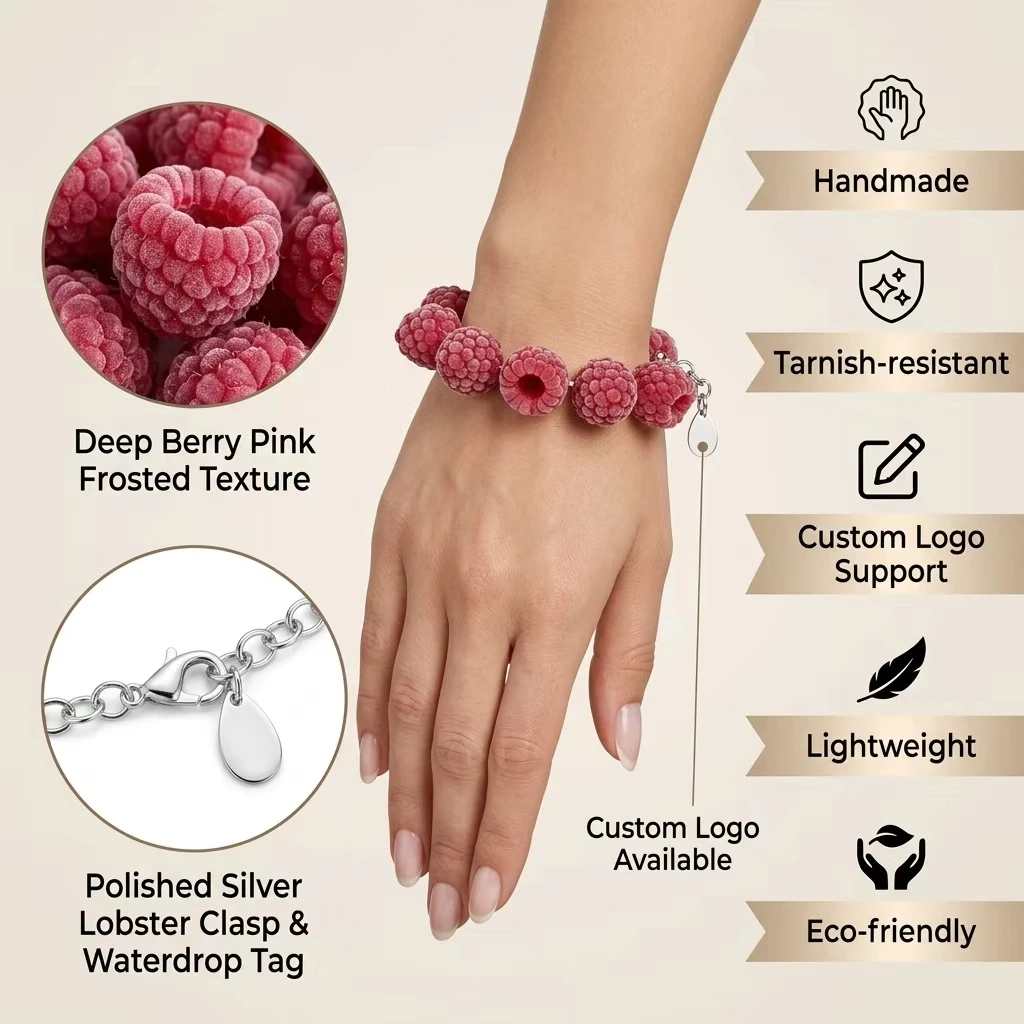 DOREMI Waterproof Tarnish Free Stainless Steel Raspberry Bracelet Custom Logo Frosted Berry Pink Handmade Jewelry Bracelet
DOREMI Waterproof Tarnish Free Stainless Steel Raspberry Bracelet Custom Logo Frosted Berry Pink Handmade Jewelry Bracelet