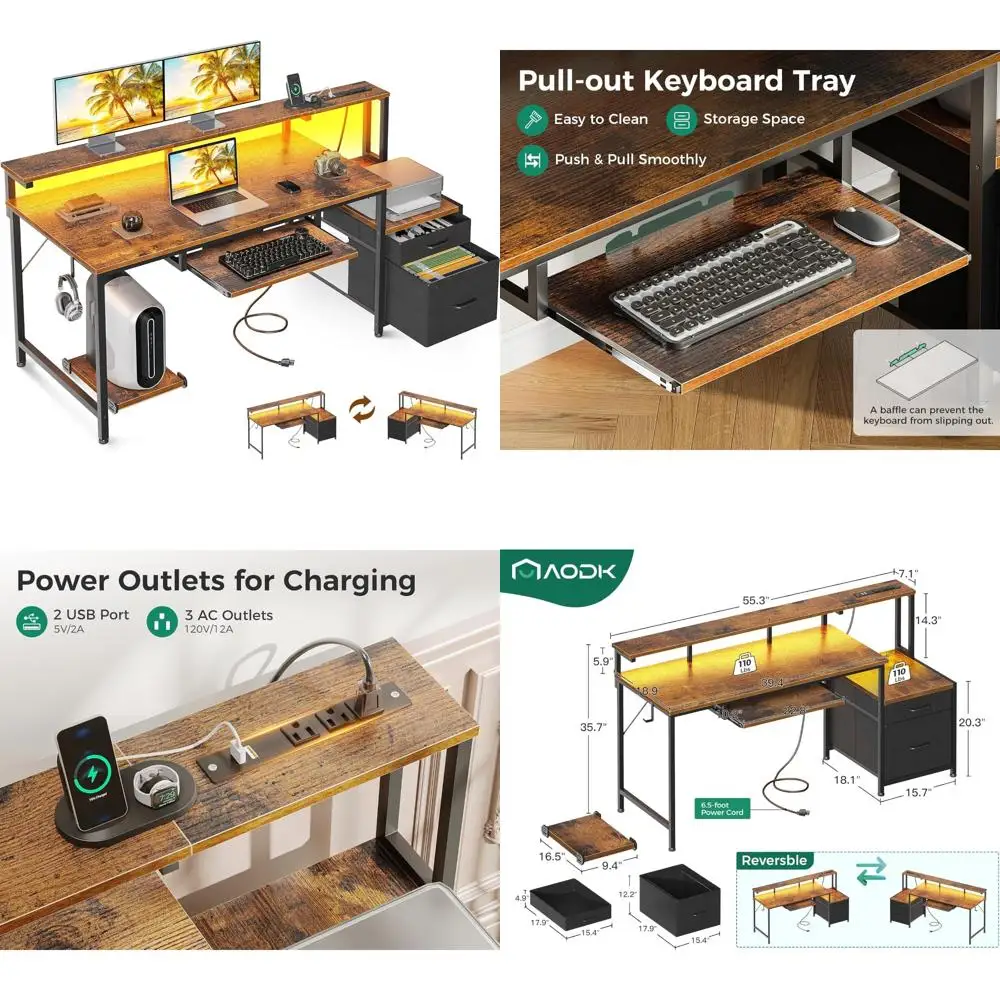 55-inch Office Desk with Drawers, Keyboard Tray, Power Outlet, and LED Lights, Reversible Study Work Desk
55-inch Office Desk with Drawers, Keyboard Tray, Power Outlet, and LED Lights, Reversible Study Work Desk