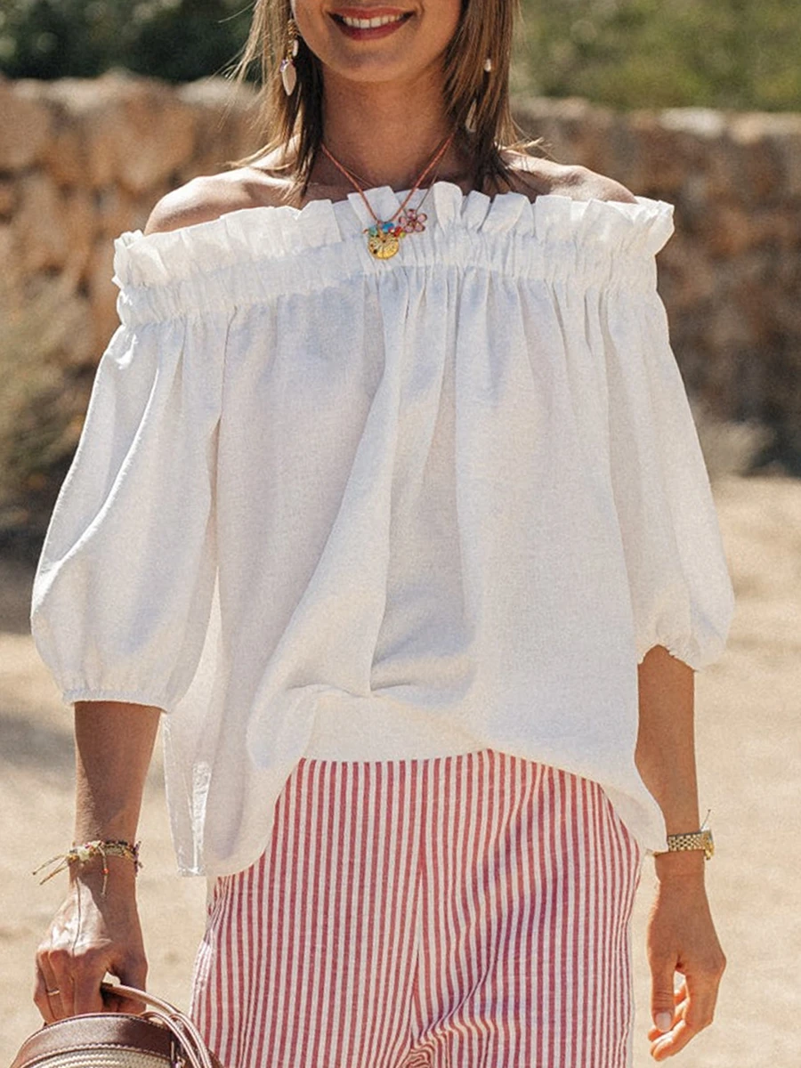 Fashion Women's Loose-fit Ruffled One-shoulder Blouse Half Sleeve Solid Color Elastic Shoulder T shirts Summer Casual Streetwear
Fashion Women's Loose-fit Ruffled One-shoulder Blouse Half Sleeve Solid Color Elastic Shoulder T shirts Summer Casual Streetwear