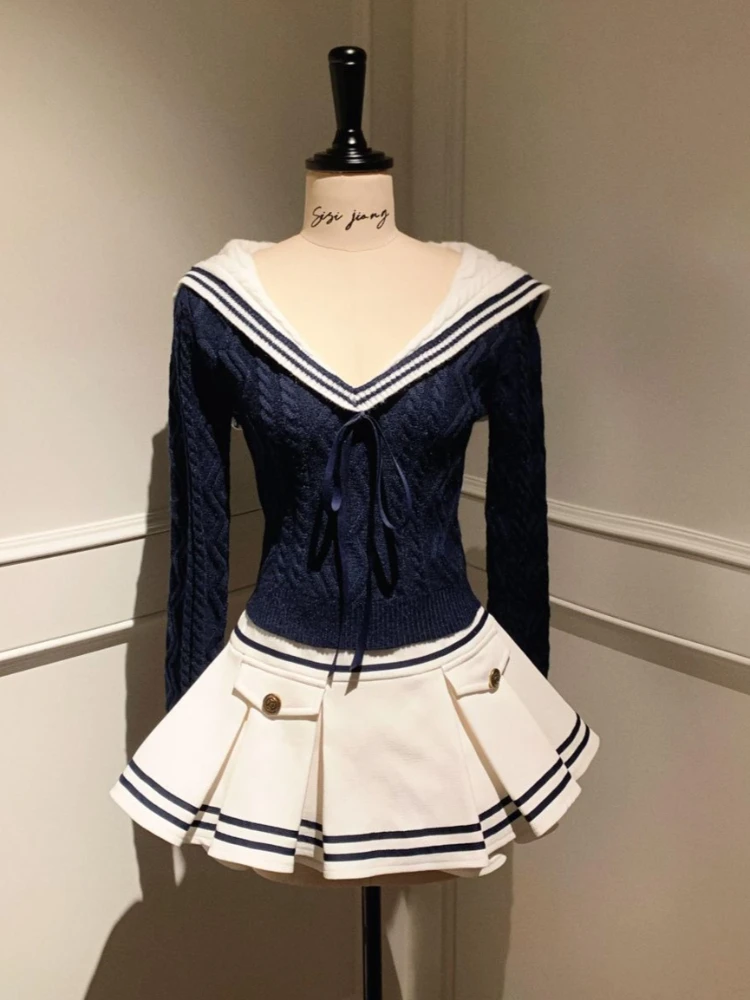 Sweet Elegant Preppy Style 2 Piece Set Women Y2k Navy Collar Knitted Sweater Tops + Slim Skirt Retro Chic Korean Popular Clothes
Sweet Elegant Preppy Style 2 Piece Set Women Y2k Navy Collar Knitted Sweater Tops + Slim Skirt Retro Chic Korean Popular Clothes