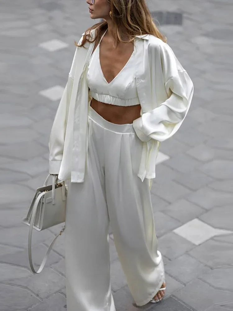 Sexy Loose Silk 3 Piece Sets Women Outfit Fashion Long Sleeve Shirts Bra With High Waist Wide Pants Set Lady Outfit 2025
Sexy Loose Silk 3 Piece Sets Women Outfit Fashion Long Sleeve Shirts Bra With High Waist Wide Pants Set Lady Outfit 2025