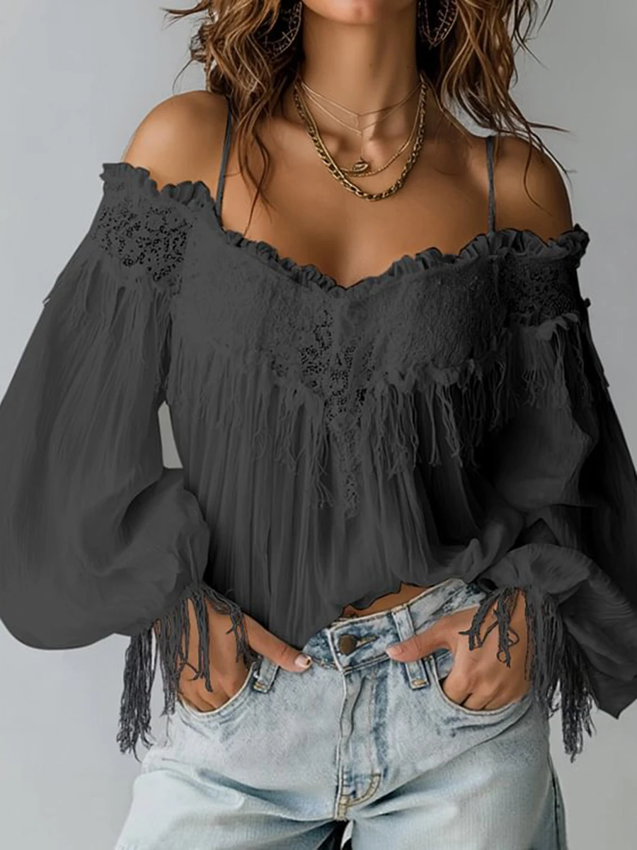 2026 Women's Boho Lace Sexy Off Shoulder Blouse Ruffled Lantern Sleeve Fringes Tops Elegant Female Shirt
2026 Women's Boho Lace Sexy Off Shoulder Blouse Ruffled Lantern Sleeve Fringes Tops Elegant Female Shirt